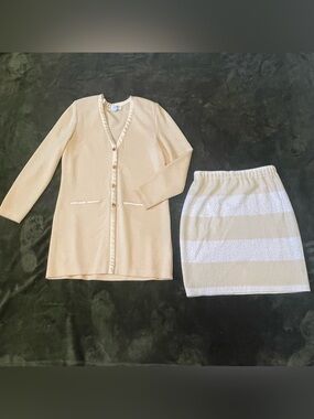 St. John Cream Knit Cardigan with Amber Jewel Button and skirt size 6